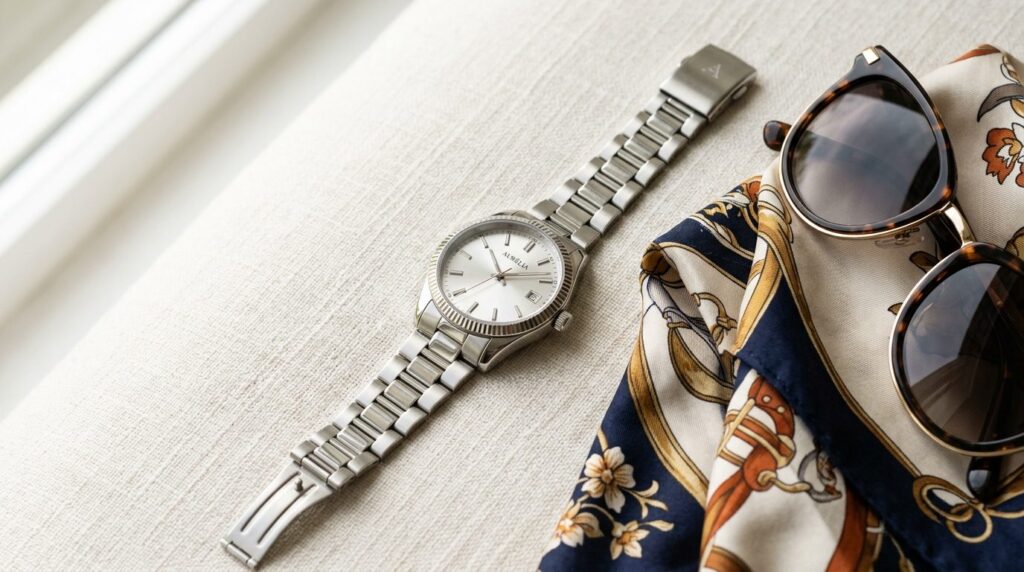 Close-up detail shot of a sophisticated womens stainless st