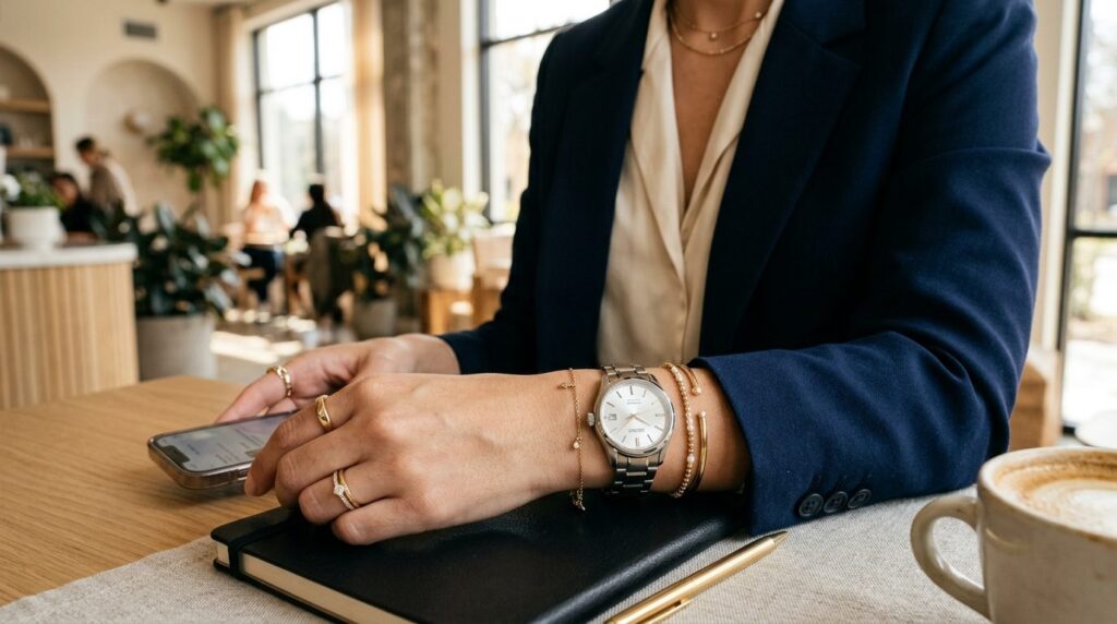 Modern woman in business casual attire wearing a stainless s