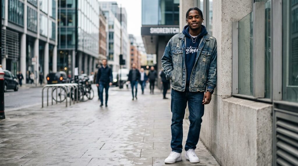 Street style portrait of a young man wearing a navy Stüssy h