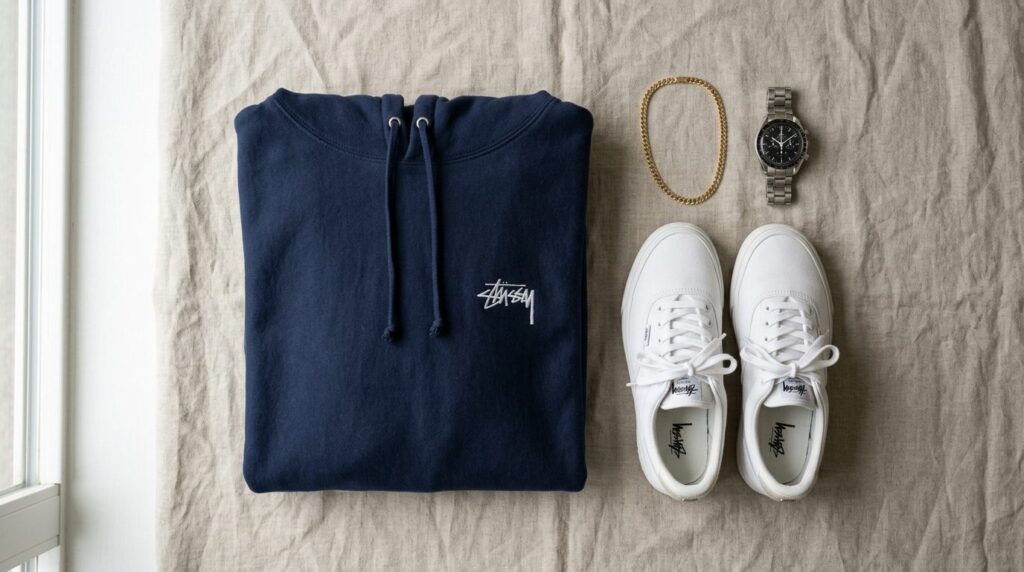 Flat lay overhead composition featuring a navy Stüssy hoodie