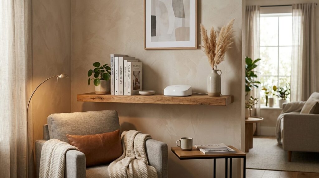 Close-up photorealistic detail of a stylish contemporary liv