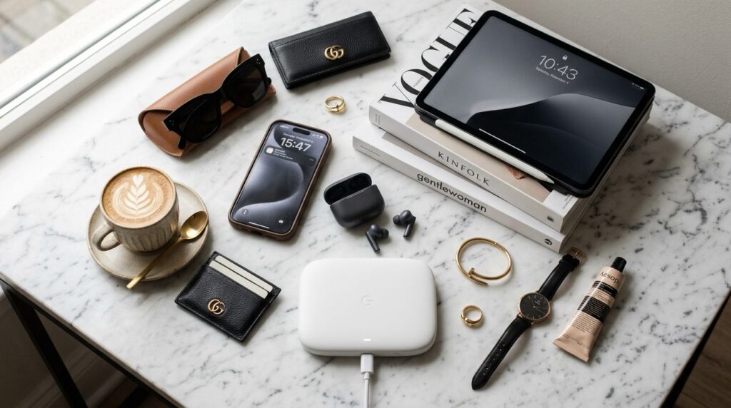 Photorealistic overhead flat lay composition of a fashion-co