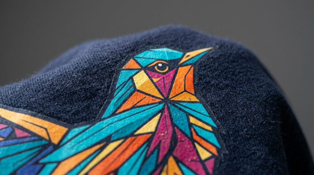 Close-up macro photography of DTF printed fabric texture on