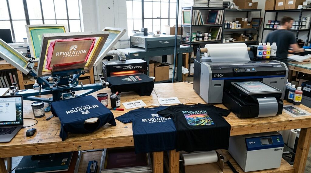Professional workbench setup showing screen printing equipme