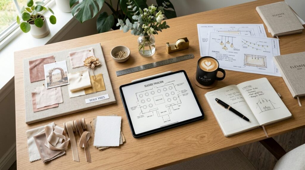 Photorealistic overhead shot of a curated event planning wor