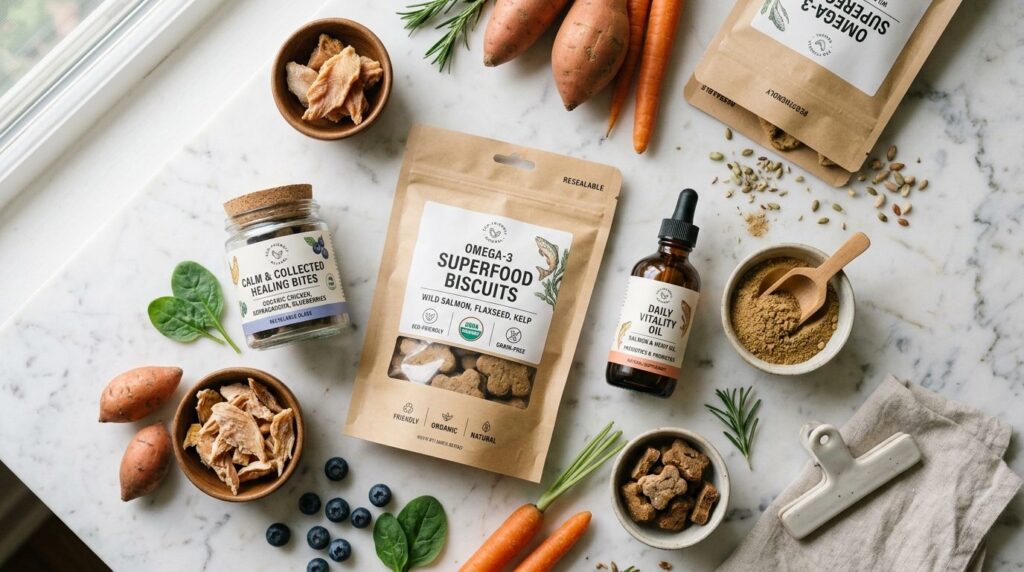Close-up flat lay photography of premium dog treats and well