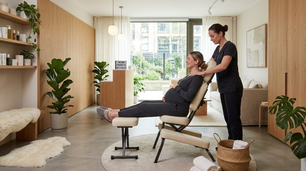 Wide shot of a contemporary pregnancy wellness studio where 