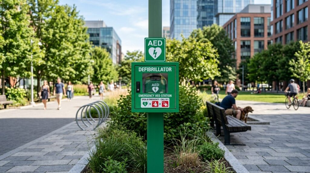 Outdoor emergency defibrillator station in a public park or