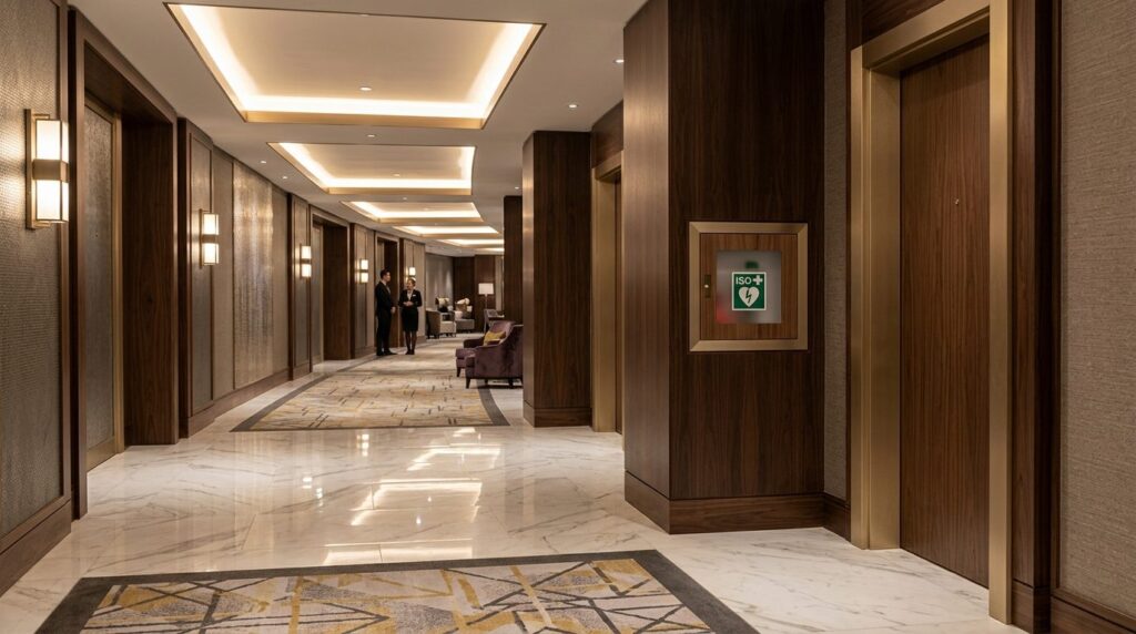 Interior shot of a luxury hotel or event venue hallway featu