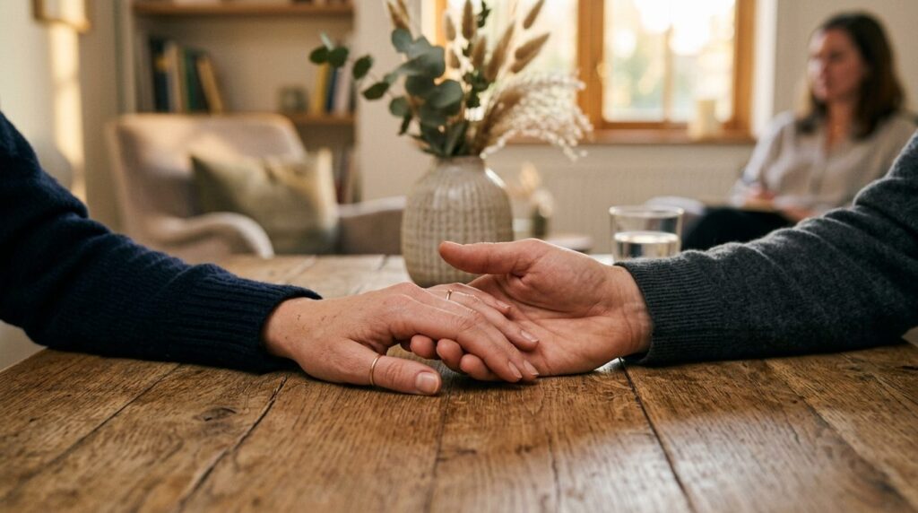 Photorealistic close-up of two hands gently touching on a wo