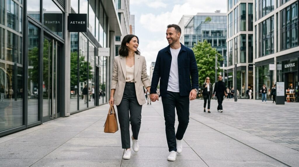 Photorealistic image of a stylish couple walking together th