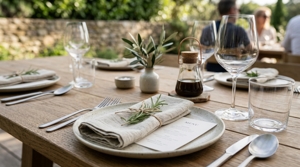 Close-up detail shot of a stylish outdoor dining table setti