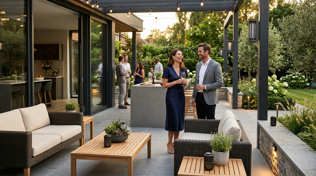A well-dressed couple enjoying a sophisticated garden party 