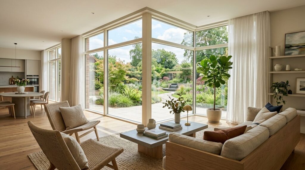 Stylish modern home interior featuring large corner windows 