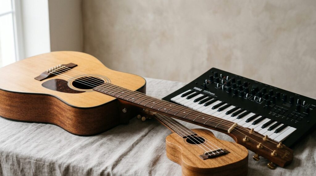 Close-up professional product photography of various musical