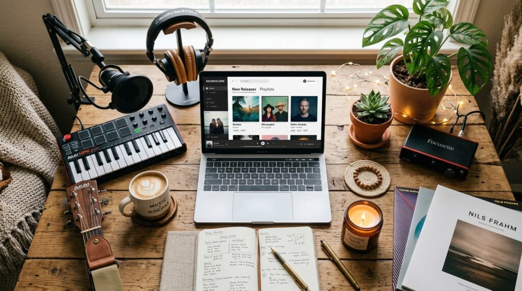 Flat lay lifestyle composition showing a laptop screen displ