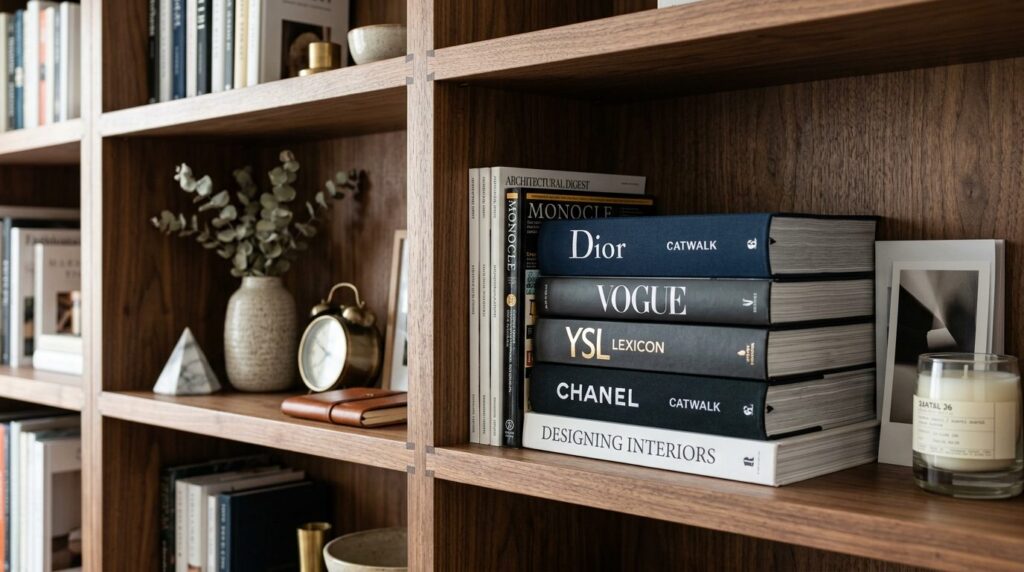 Close-up detail shot of a bespoke wooden bookshelf unit with