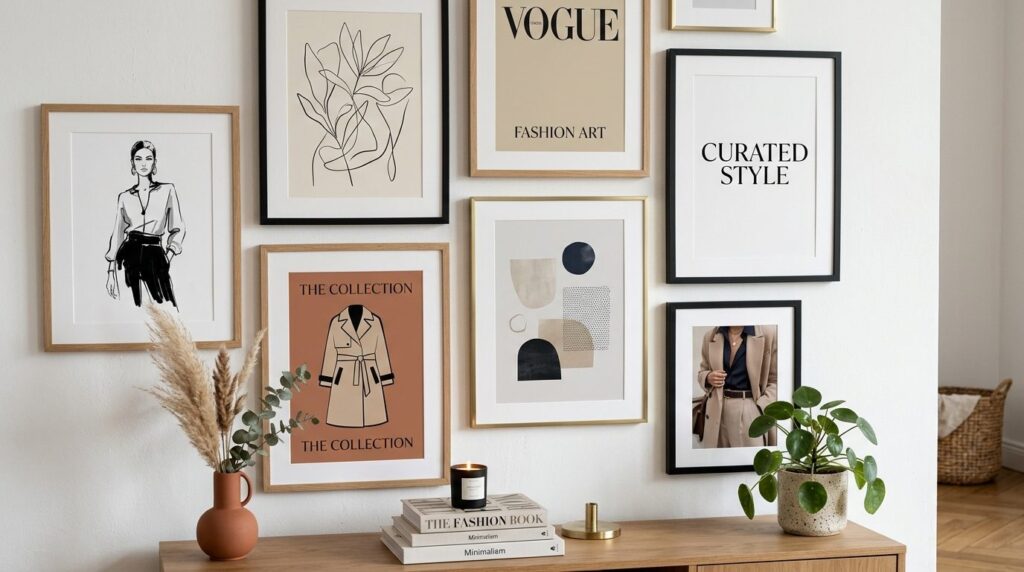 Close-up detail shot of a curated gallery wall with multiple