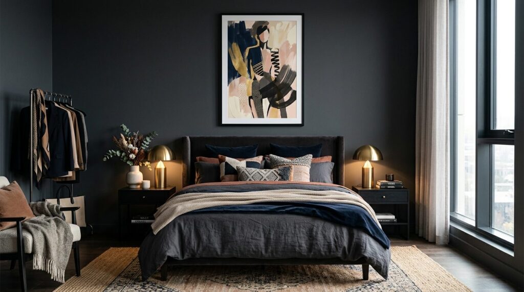 Sophisticated bedroom interior featuring a large 50x70 cm ab