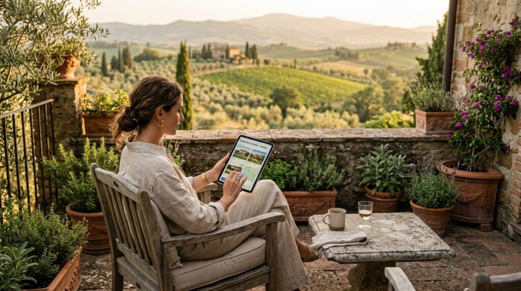 Elegantly dressed woman in neutral linen clothing sitting on