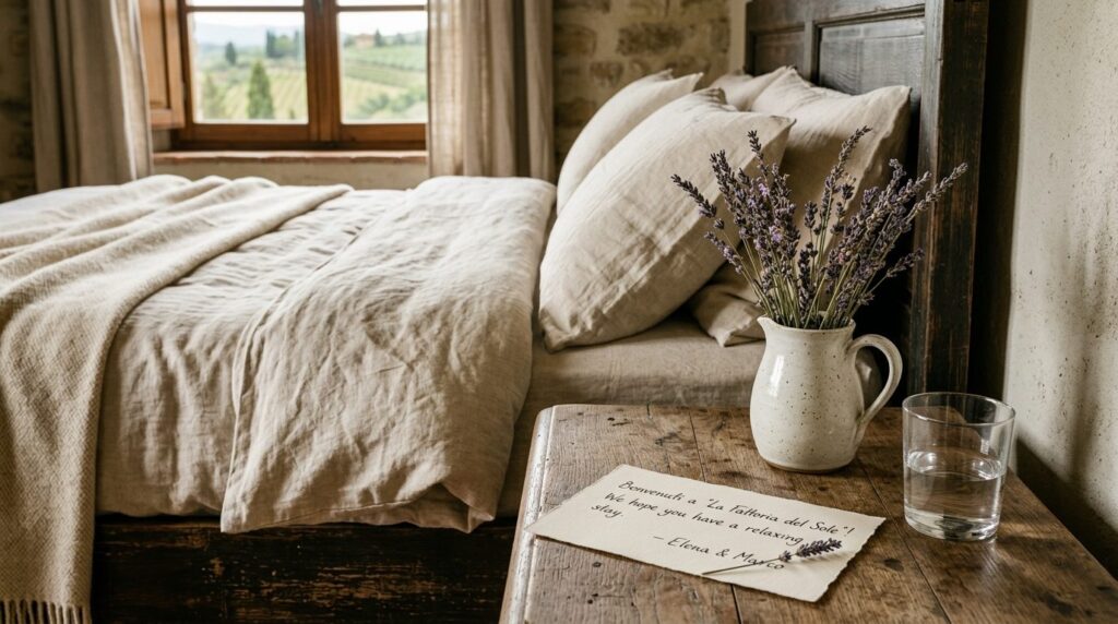 Close-up detail of luxury agriturismo aesthetic: folded high