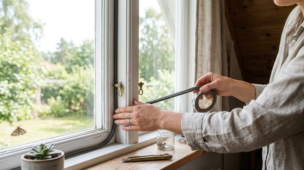 Close-up shot of hands installing weatherstripping and seali