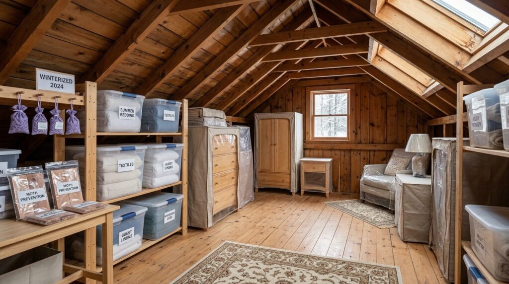 Serene wide-angle view of a well-organized summer cottage at