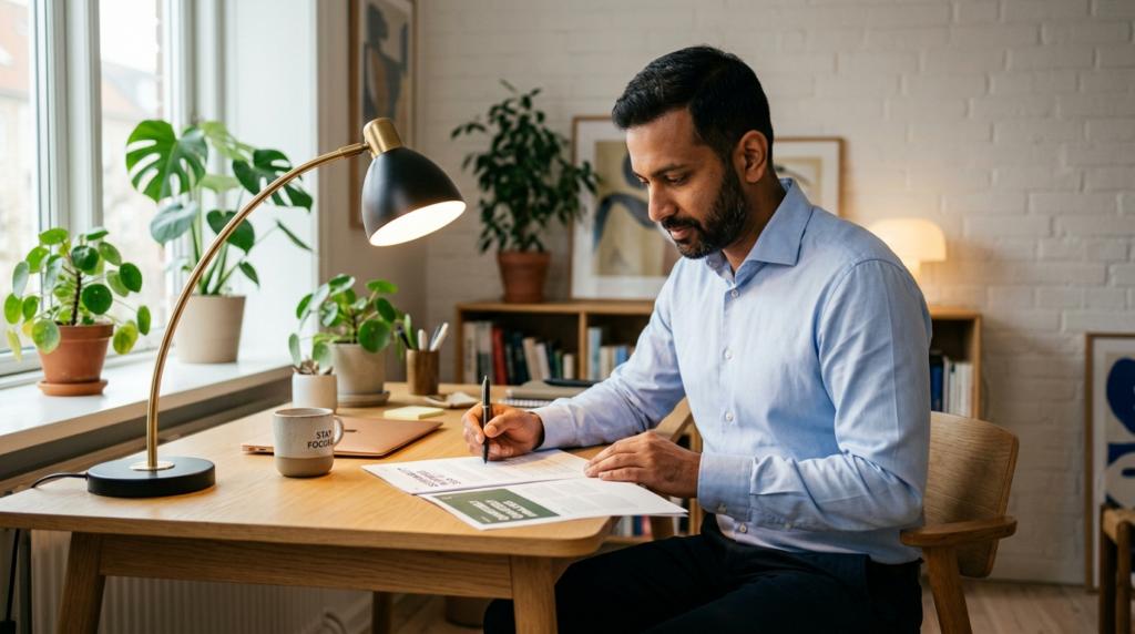 Lifestyle photograph of a focused adult man of South Asian d