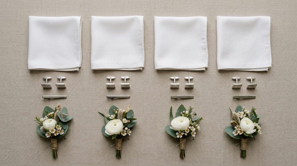 Flat lay overhead shot of coordinated groomsmen accessories 