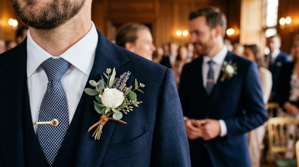 Close-up detail photograph of a grooms jacket lapel featuri