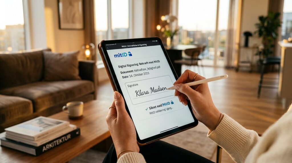 Close-up of hands holding tablet showing secure digital sign