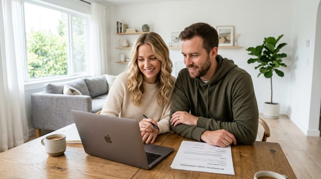 Young couple reviewing legal housing documents together on l
