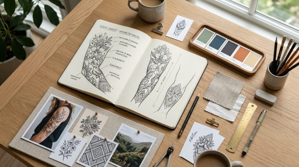 Overhead flat lay composition of tattoo design sketches, moo