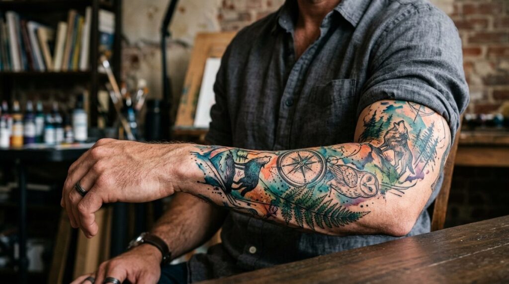 Close-up detail shot of a mans forearm displaying a complet